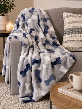 Just Home Soft Throw Blanket Blue Gray Bone Print Plush Cozy Pet Dog 4x5 New
